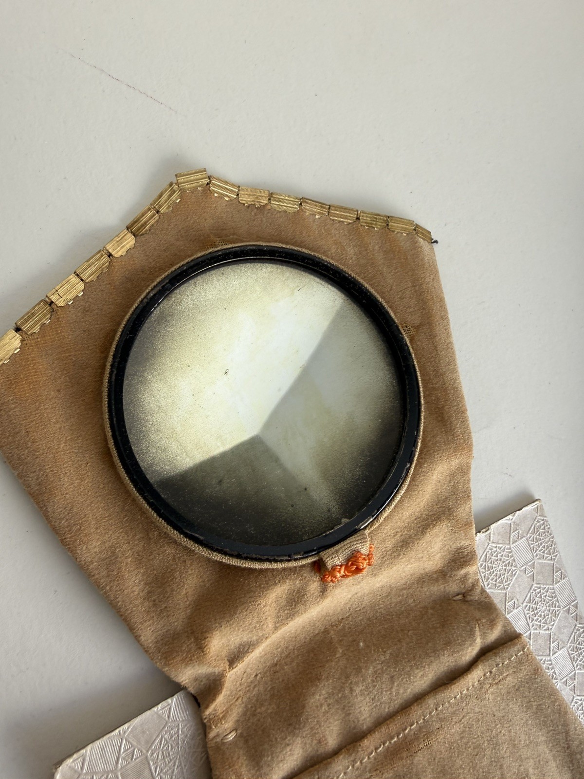 VTG Fabric embroidered Floral Black MIRROR COMPACT original packaging 