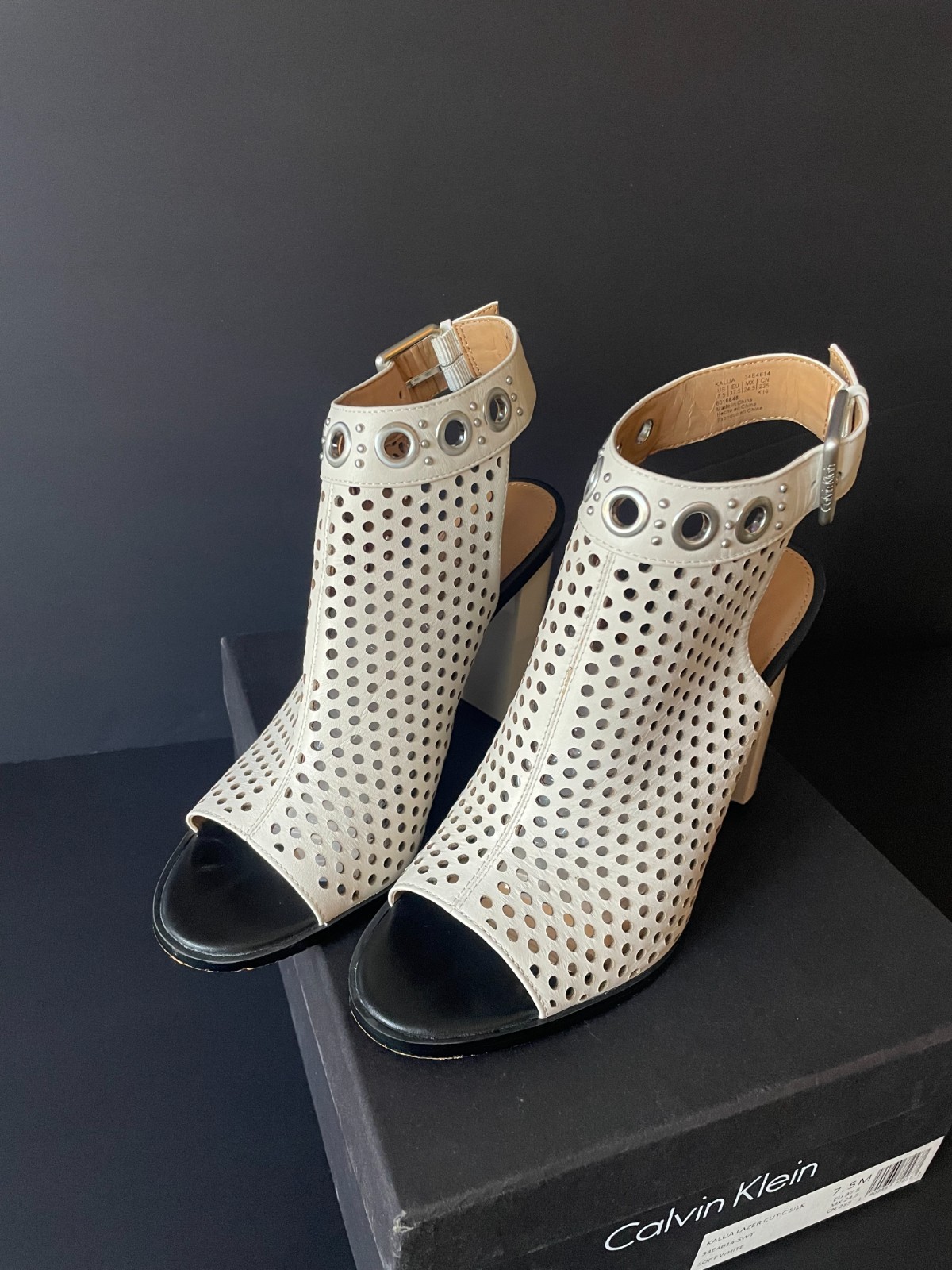 Calvin Klein Laser Cut Block Heel Sandals Ankle Strap, White, Womens 7.5 thumbnail 10