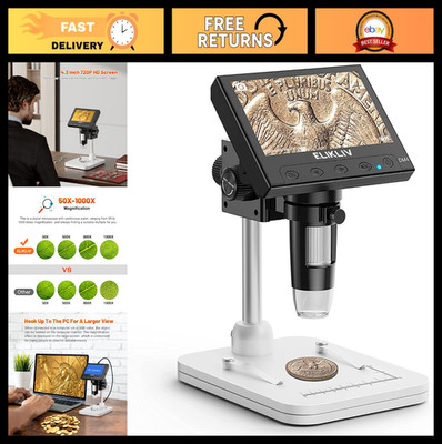 Digital Coin Microscope 1000x Magnification, 4.3'' LCD, 8 LED Lights, PC Compatib