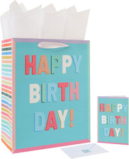 13 Large Turquoise Birthday Gift Bag Set with Handles, Greeting Card, White Tis