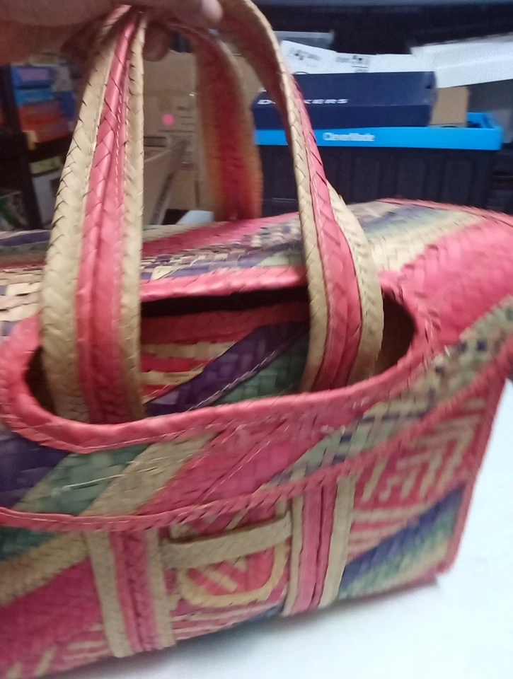 Mexico Edo. De Oaxaca Handmade Woven Large Colorful Straw Basket 9"×12"×16" - Image 2 of 4