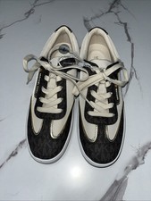 Michael Kors Low Top Lace Up Sneakers Ivory/Cream Brown Gold Logo Women 7 NWOB