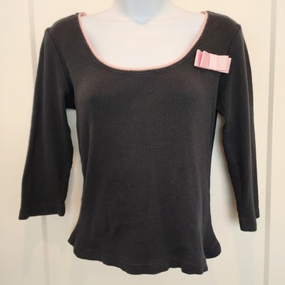 VTG Y2K Coquette Top Womens L Black Pink Bow Ribbed Knit 3/4 Sleeve Made in USA