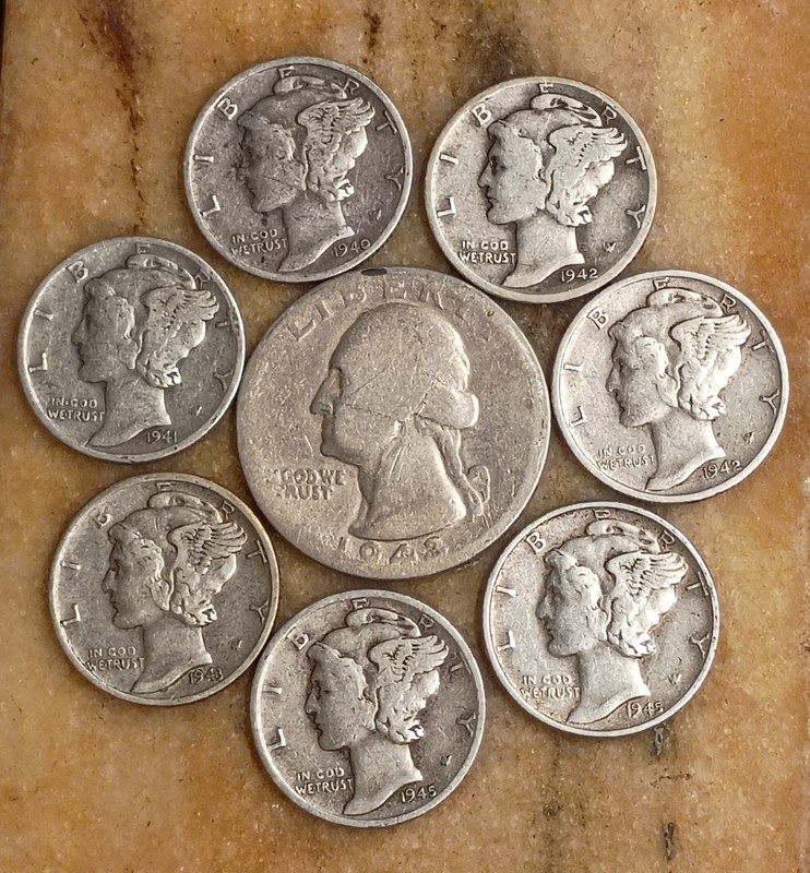 90% Silver 1943 P Quarter & 7 1940s  Mercury Dimes