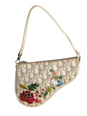 Christian Dior Saddle Pochette Embroidered Trotter Canvas Floral Galliano