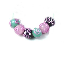 6 Handmade Lampwork Glass Pink Swirl Rondelle Beads 14x9mm