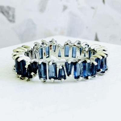 925 Sterling Silver Eternity Band Ring Size 7 Blue Baguette Stone Prong Set