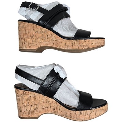 Sam & Libby Black Leather Cork Platform Wedge Sandals Size 9