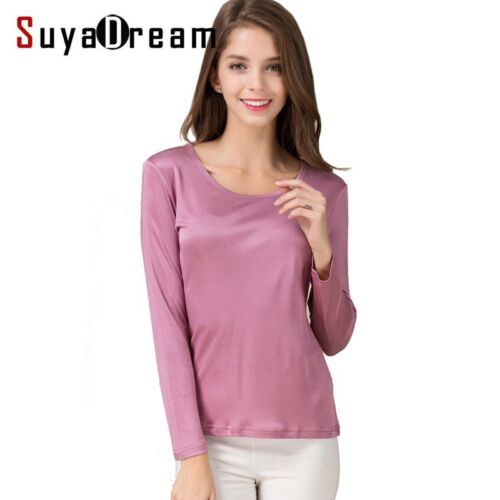 Women Basic T Shirt Silk Long Sleeves O Neck Tops Solid Color Jersey Spring Wear