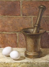 Vintage Mortar Pestle Two Eggs original daily Oil painting still life Canvas Art