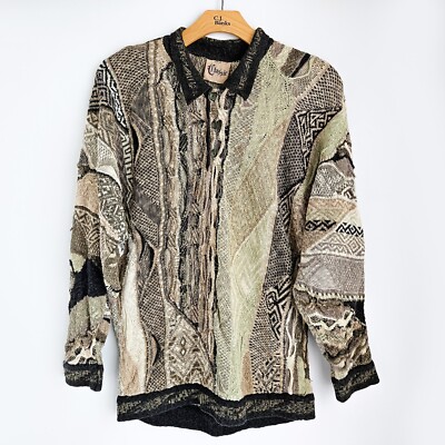 Vintage Coogi Classic 1/4 Button Collared Sweater L Textured Knit Green Buttons