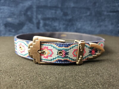 Vintage Ice Blue Leather Beaded aztec Design Belt Brass TONE Buckle Sz.M Blue Aztec Belt | Challenger – Summerdale Western Store main image 3