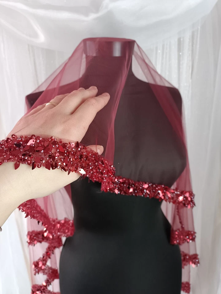 Juego de velo de novia borgoña, juego de 4 cuentas de henna con lentejuelas piedra de agua con estampado de hojas Foto 3 de 4