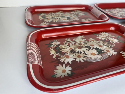 4 Vintage Metal Floral Serving Trays Red White Daisies 14"x9" Mid Century MCM - Picture 6 of 8