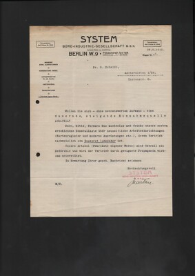 Berlin, letter 1912, System Büro-Industrie GmbH