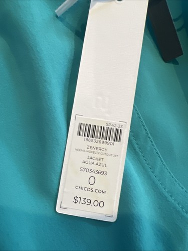 Chaqueta Chico's Zenergy Turquesa Ojales Manga Larga Cremallera Completa Talla 0 Pequeña $139 - Imagen 9 de 11