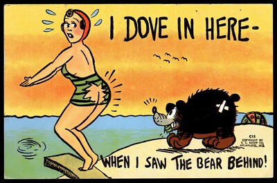 Postcard Linen Humor I dove in here when I saw the bear behind diving