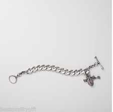 NEW-FOSSIL ANTIQUE SILVER TONE LARGE LINK+CRYSTAL HEART BRACELET-JA3761040
