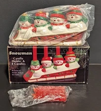 J.S.N.Y. Vtg Ceramic Christmas Snowman Family Sled Candle Holder w/ Candles NOS