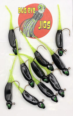 10 Pack 1/16 Oz  Black And Chartreuse (Black Magic) Custom Made Crappie Jigs