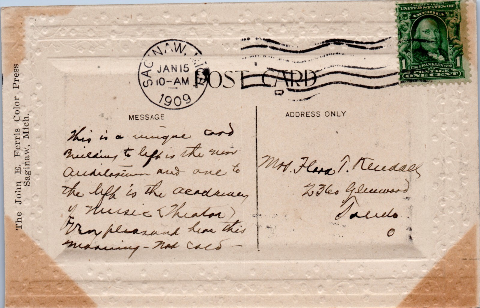 1909, John E Ferris Washington Ave Looking North Saginaw, Michigan White Border