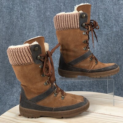 Bearpaw Boots Womens Serena Lace Up Winter Mid Calf Brown Suede Sweater  Cuff