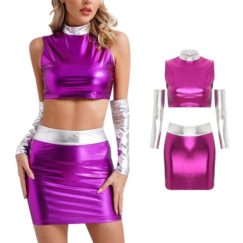 Women's Metallic Alien Space Crop Top with Mini Skirt and Sleeves Outfit Costume - Picture 4 of 25