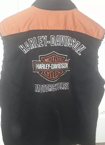 HARLEY DAVIDSON SLEEVELESS CANVAS SNAP BUTTON JEAN VEST SHIRT SZ MED - Picture 5 of 5