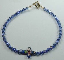 Blue Crystal  Blue Bead Anklet with Cloisonne Cross Handmade Jewelry