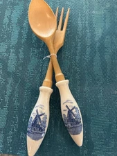 Vintage Dutch Delft Blue Windmill Salad Server Set Spoon Fork 11”