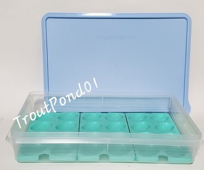 Tupperware Cold Cut Keeper Prep Essentials Rectangle Deviled Egg Trays Blue Lid