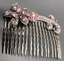 Vintage Style Pink Rhinestone Flower Hair Comb Metal Bridal Prom Excellent Cond