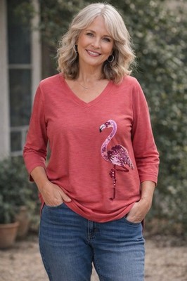 Onque Casual Pink 3/4 Sleeve Blouse Pink Flamingo Sequin Design Size S NWT