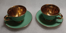 Pair Vintage Stavanger Flint Norway 5.5cm Green & Gold Tea/Coffee Cups Saucers