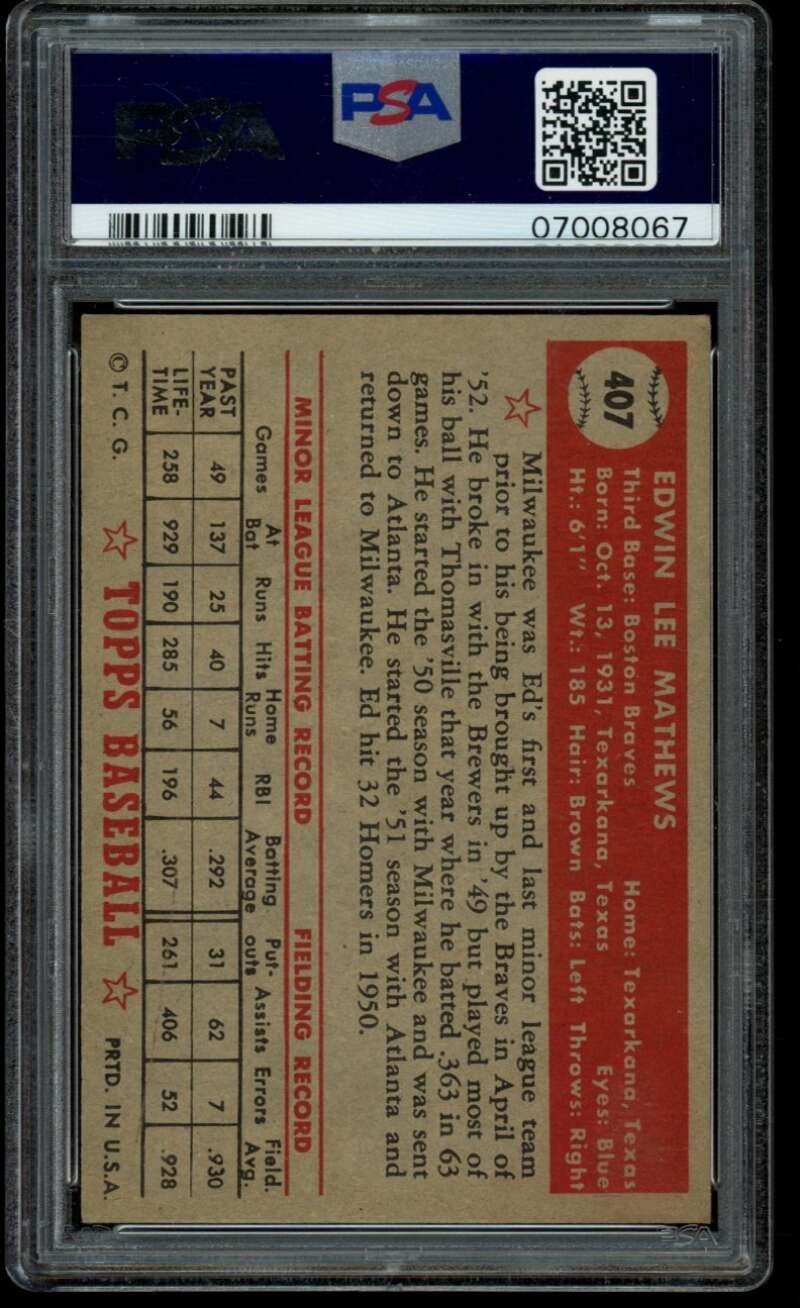 1952 Topps #407 Eddie Mathews PSA 7 RC Rookie Boston Braves  (8067) view 2