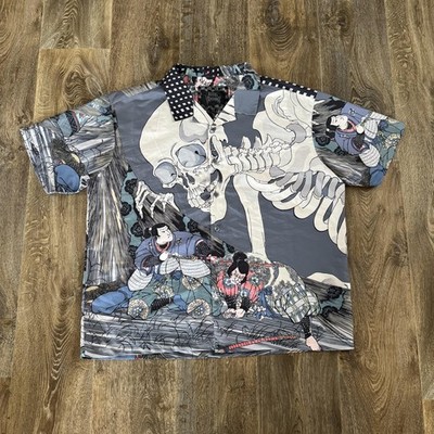 Rebel Vengeance Shirt Mens 2XL Japanese Art Skull Samurai All Over Print AOP