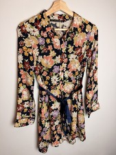 New! Zara Floral Print Colourful Shirt Dress With Velvet Belt Small Skater Dress