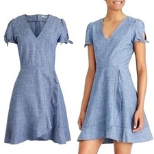 J Crew Faux Wrap Chambray Ruffled Cap Sleeve Knee Preppy Dress, size 8