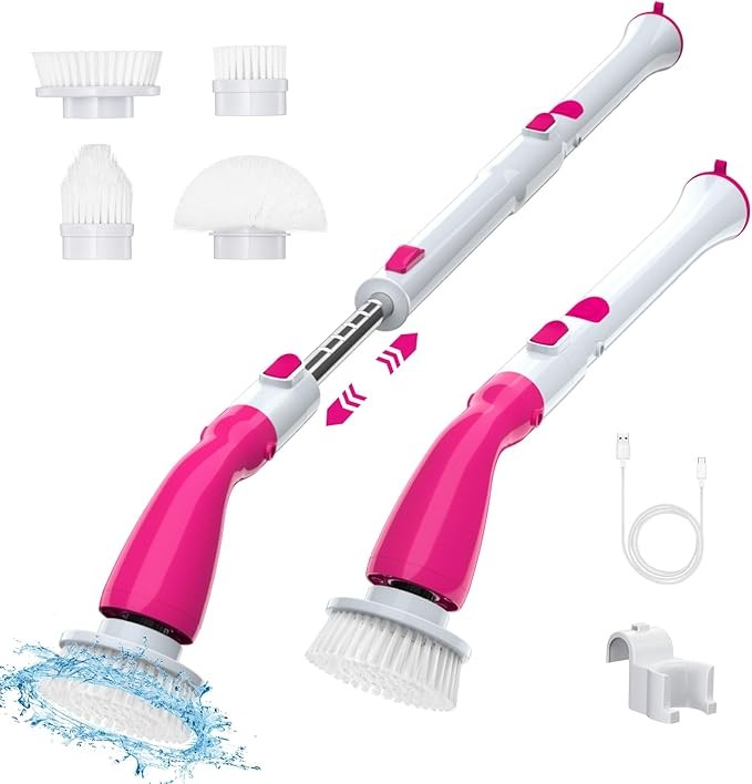 Keimi Pink Electric Spin Scrubber, 4 Heads, Extendible - KS-2615P - PINK/PINK