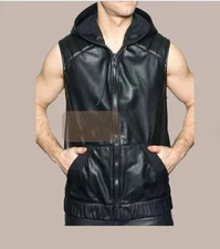 Mens black Hooded leather vest for motorcycle. Genuine Sheepskin Leather Vest M