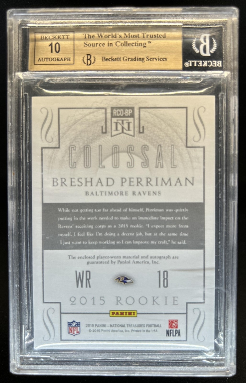 2015 National Treasures Breshad Perriman RC Colossal NFL Shield Auto 1/1 BGS 9.5 view 2