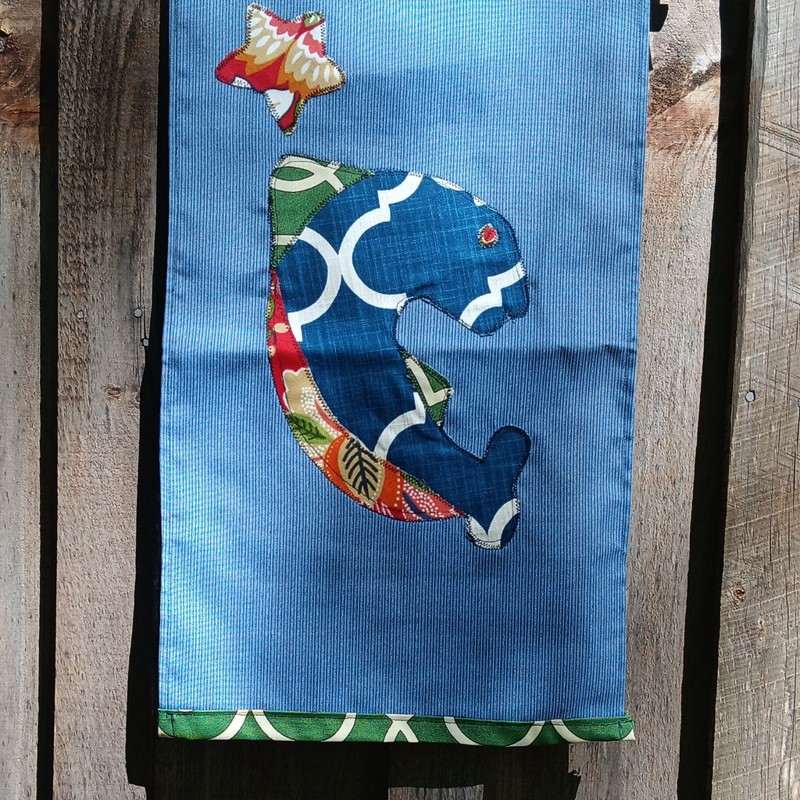 Nautical Fish Appliqued Outdoor Fabric  Banner/Flag Blue Green White Red  11x24