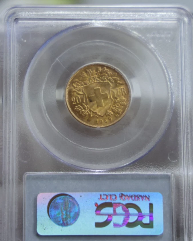 Moneda de oro suiza de 20 francos 1949 B .1867 AGW PCGS MS65 Foto 2 de 2