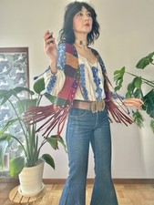 VTG 60s 70s Studded Patchwork Suede Fringe Vest XS-M Hippy Folk Boho Woodstock
