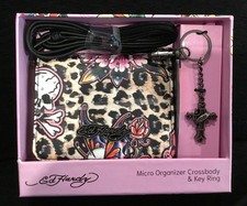 Ed Hardy Leopard Gift Set Skull Micro Organizer Crossbody And Key Ring in Box