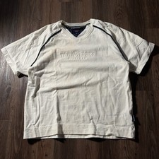 Vintage Tommy Jeans T Shirt Mens XL White V-Neck Embossed Spellout Made in USA