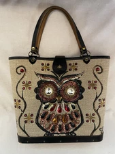 Rare ENID COLLINS NIGHT OWL Tote Bag Handbag Purse 1963 Tan Canvas Black Leather
