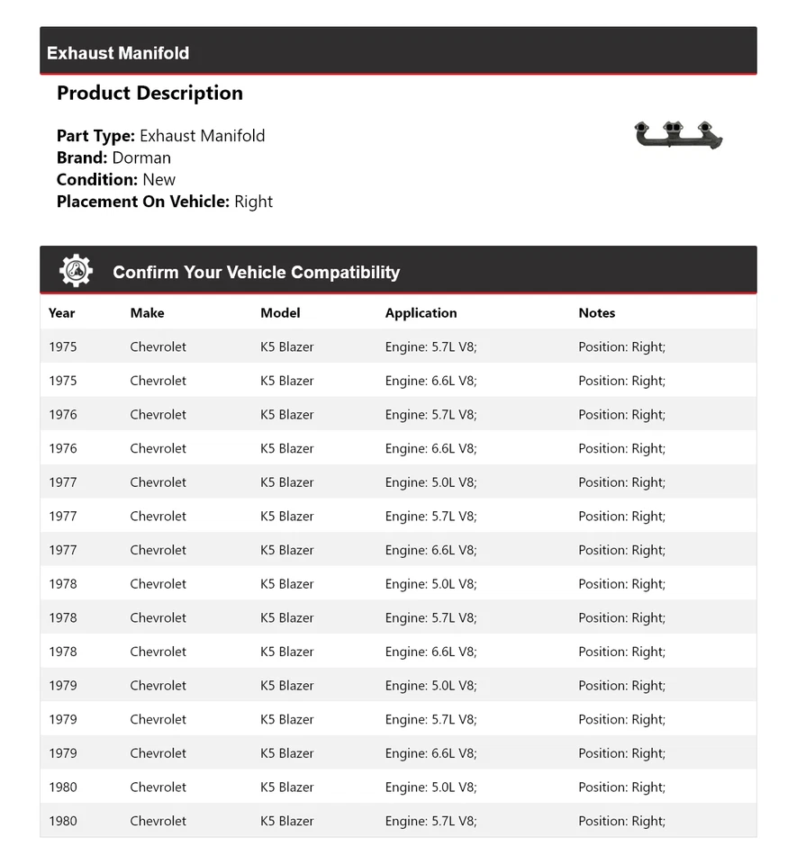 For 1975-1980 Chevrolet K5 Blazer Dorman Exhaust Manifold Right 1976 1977 1978 - Image 2 of 4