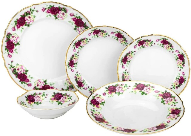 Bone China Dinner Set for 4 with Red Pink Floral Design 20 Pc Vintage Style Bone China Dinner Set for 4 with Red Pink Floral Design 20 Pc Vintage Style