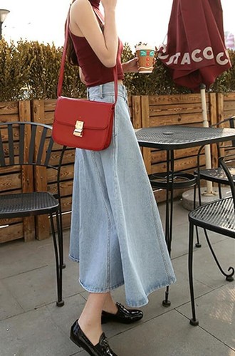Women Denim A Line Skirt Ruffle High Waist Flared Pleated Jean Skirt Vintage - Picture 24 of 26